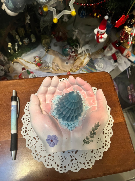 Bougie sapin dans mains jointes
