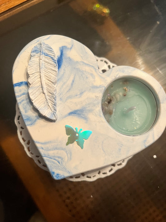Bougie / cœur en plâtre blanc/bleu