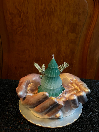 Bougie / paire de mains jointes en plâtre