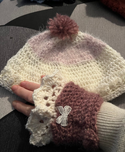 Bonnet et gants lilas/blanc